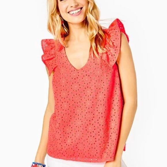 Lilly Pulitzer Lina top Spicy Coral Neon Sunburst Eyelet Sz M - Picture 1 of 7